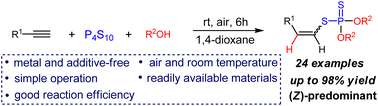 Graphical abstract: Metal-free hydrophosphorodithiolation of alkynes with P4S10 and alcohols leading to vinyl phosphorodithioates