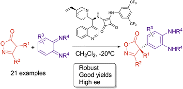 Graphical abstract: Enantioselective construction of quaternary stereocenters via organocatalytic arylation of isoxazolin-5-ones with o-quinone diimides