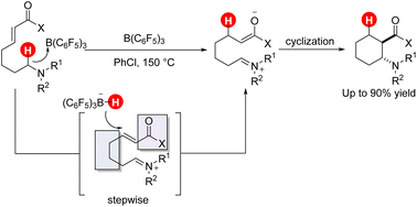 Graphical abstract: B(C6F5)3-catalyzed stepwise 1,5-hydride migration/cyclization: diastereoselective construction of carbocyclic β-amino acid derivatives