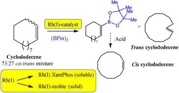 Graphical abstract: Cyclododecene isomeric separation by (supported) rhodium(i)-catalysed selective dehydrogenative borylation reaction