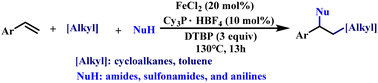 Graphical abstract: Iron-catalyzed carboamination of vinylarenes with alkanes and nitrogen nucleophiles