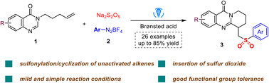 Graphical abstract: Catalyst-free photoinduced radical sulfonylation/cyclization of unactivated alkenes toward sulfone-containing quinazolinones
