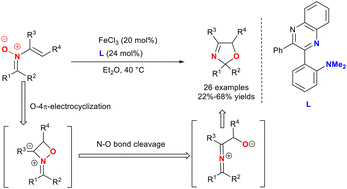 Graphical abstract: Iron(iii)/quinoxaline-derived N,N-ligand catalyzed oxygen transfer reaction of N-vinyl nitrones through selective 4π-electrocyclization and N–O bond cleavage