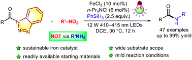 Graphical abstract: Visible-light induced FeCl3-catalyzed reductive transamidation of N-acyl benzotriazoles with nitro compounds