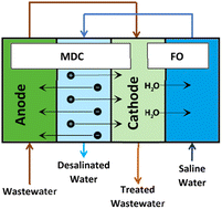 Graphical abstract: An integrated MDC–FO membrane configuration for simultaneous desalination, wastewater treatment and energy recovery