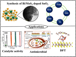 Graphical abstract: Experimental and theoretical study of catalytic dye degradation and bactericidal potential of multiple phase Bi and MoS2 doped SnO2 quantum dots