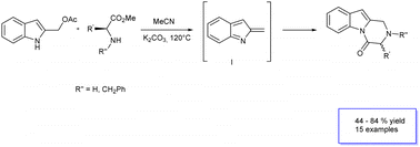 Graphical abstract: Synthesis of 3-substituted 2,3-dihydropyrazino[1,2-a]indol-4(1H)-ones by sequential reactions of 2-indolylmethyl acetates with α-amino acids