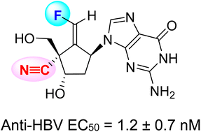 Graphical abstract: Synthesis of novel entecavir analogues having 4′-cyano-6′′-fluoromethylenecyclopentene skeletons as an aglycone moiety as highly potent and long-acting anti-hepatitis B virus agent