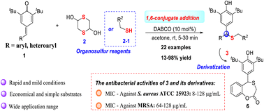 Graphical abstract: Synthesis of diarylmethyl thioethers via a DABCO-catalyzed 1,6-conjugate addition reaction of p-quinone methides with organosulfur reagents