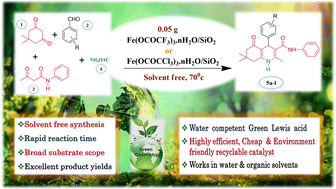 Graphical abstract: Water compatible silica supported iron trifluoroacetate and trichloroacetate: as prominent and recyclable Lewis acid catalysts for solvent-free green synthesis of hexahydroquinoline-3-carboxamides