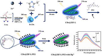 Graphical abstract: Highly dispersive PEI-modified CDs@ZIF-L dual-emitting fluorescent sensor for detecting metal ions