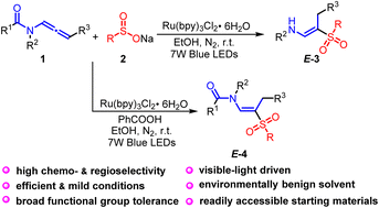 Graphical abstract: Photocatalytic selective synthesis of (E)-β-aminovinyl sulfones and (E)-β-amidovinyl sulfones using Ru(bpy)3Cl2 as the catalyst