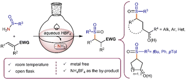 Graphical abstract: Metal-free synthesis of γ-ketosulfones through Brønsted acid-promoted conjugate addition of sulfinamides