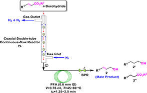 Graphical abstract: Selective reduction of carboxylic esters enabled by a coaxial double-tube continuous-flow reactor with on-the-fly H2 degassing