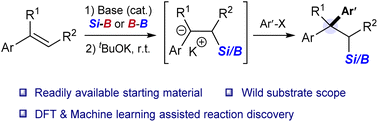 Graphical abstract: Base-mediated C–B bond activation of benzylic boronate for the rapid construction of β-silyl/boryl functionalized 1,1-diarylalkanes from aromatic alkenes