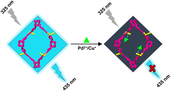 Graphical abstract: A Zn-MOF functionalized with alkyne groups: ultrasensitive detection of Cu+ and Pd2+ ions in aqueous medium