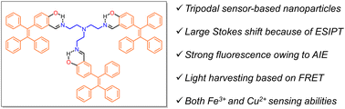 Graphical abstract: Artificial light-harvesting nanoparticles based on a tripodal fluorescence sensor mediated by multiple luminescence mechanisms