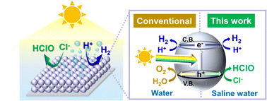 Graphical abstract: Solar-driven simultaneous production of hypochlorous acid and hydrogen from saline water over RhCrOx-loaded SrTiO3 photocatalyst systems