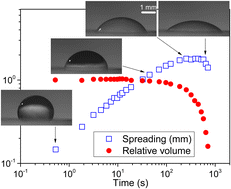 Graphical abstract: Slow spreading with a large contact angle on hygroscopic materials