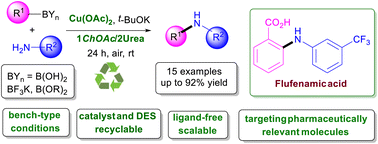 Graphical abstract: Cu-catalysed Chan–Evans–Lam reaction meets deep eutectic solvents: efficient and selective C–N bond formation under aerobic conditions at room temperature
