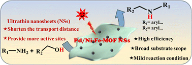 Graphical abstract: Deposition of Pd nanoparticles on 2D Ni–Fe-MOF ultrathin nanosheets for efficient N-alkylation of amines by alcohols under visible light