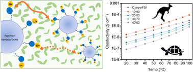 Graphical abstract: Physical properties and ion dynamics in composites of the organic ionic plastic crystal N-ethyl-N-methylpyrrolidinium bis(fluorosulfonyl)amide with lithium sulphonamide functional acrylate polymer nanoparticles
