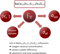 Graphical abstract: Influence of iron content on water uptake and charge transport in BaCe0.6Zr0.2Y0.2−xFexO3−δ triple-conducting oxides