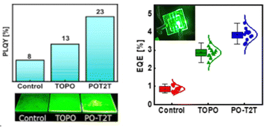 Graphical abstract: Phosphine oxide based semiconducting small molecule as an additive and an electron transport layer enables efficient and stable perovskite light-emitting devices