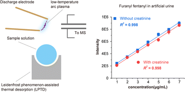 Graphical abstract: Rapid detection of furanyl fentanyl in complex matrices using Leidenfrost desorption-assisted low-temperature arc plasma ionization mass spectrometry