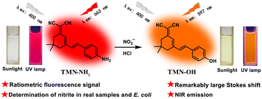 Graphical abstract: An efficient ratiometric fluorescence and colorimetric dual-mode probe for convenient determination of nitrite in real samples and E. coli