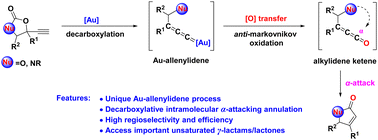 Graphical abstract: Au-allenylidene promoted decarboxylative annulation to access unsaturated γ-lactams/lactones