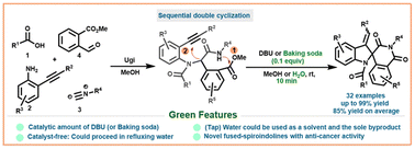 Graphical abstract: Green synthesis for diverse bioactive benzo-fused spiroindolines through DBU-catalysed post-Ugi double cyclization