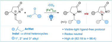 Graphical abstract: Iron-catalyzed decarboxylative radical addition to chiral azomethine imines upon visible light