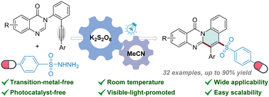 Graphical abstract: Visible-light-induced photocatalyst-free cascade cyclization of 3-(2-(ethynyl)phenyl)quinazolinones to sulfonated quinolino[2,1-b]quinazolinones