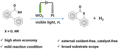 Graphical abstract: Dehydrogenative cyclization of 2-arylbenzoic acid and 2-arylbenzamide with hydrogen evolution in a photoelectrochemical cell