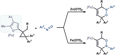 Graphical abstract: Regiodivergent formal [4+2] cycloaddition of nitrosoarenes with furanyl cyclopropane derivatives as 4π components