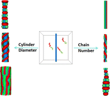Graphical abstract: The mechanism underlying the transitions between stripes, helices, and stacked toroids in the cylindrical shell formed by AB diblock copolymers on a long nanocylinder