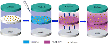 Graphical abstract: An initiator loaded separator triggering in situ polymerization of a poly(1,3-dioxolane) quasi-solid electrolyte for lithium metal batteries