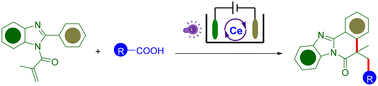 Graphical abstract: Electrophotoredox cerium-catalyzed decarboxylative radical cyclization cascade for the synthesis of alkylated benzimidazo-fused isoquinolinones