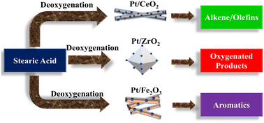 Graphical abstract: Catalytic deoxygenation of stearic acid into olefins over Pt catalysts supported on MOF-derived metal oxides