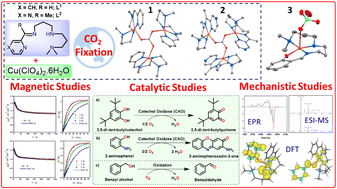 Graphical abstract: Chemical fixation of atmospheric CO2 in tricopper(ii)-carbonato complexes with tetradentate N-donor ligands: reactive intermediates, probable mechanisms, and catalytic and magneto-structural studies