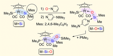 Graphical abstract: Reactions of (mesityl)n(methyl)2−nsilylene complexes with pyridine-N-oxide (n = 1 and 0): formation of silanone complexes and a disiloxanyloxy complex