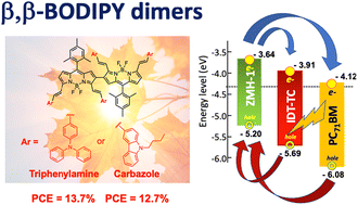 Graphical abstract: Small molecular donor materials based on β–β-bridged BODIPY dimers with a triphenylamine or carbazole unit for efficient organic solar cells