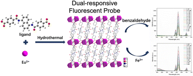 Graphical abstract: A novel 2D Eu-MOF as a dual-functional fluorescence sensor for detection of benzaldehyde and Fe3+