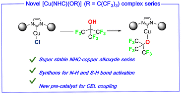 Graphical abstract: [Cu(NHC)(OR)] (R = C(CF3)3) complexes for N–H and S–H bond activation and as pre-catalysts in the Chan–Evans–Lam reaction