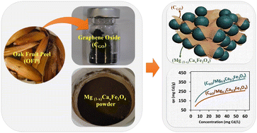 Graphical abstract: Resource utilization of oak fruit peel as biomass waste for the synthesis of carbon with graphene oxide-like composition and its composite with Mg1−xCaxFe2O4 for Cd(ii) removal from water: characterization, magnetic properties, and potential adsorption study