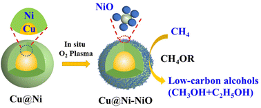 Graphical abstract: Cold plasma activated Ni0/Ni2+ interface catalysts for efficient electrocatalytic methane oxidation to low-carbon alcohols