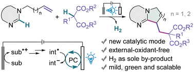 Graphical abstract: Photoredox streamlines electrocatalysis: photoelectrosynthesis of polycyclic pyrimidin-4-ones through carbocyclization of unactivated alkenes with malonates