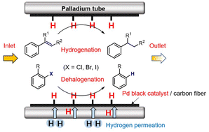 Graphical abstract: Development of a highly efficient electrocatalytic hydrogenation and dehalogenation system using a flow cell with a Pd tube cathode