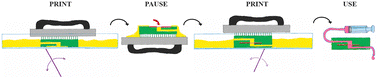 Graphical abstract: Functionality integration in stereolithography 3D printed microfluidics using a “print-pause-print” strategy